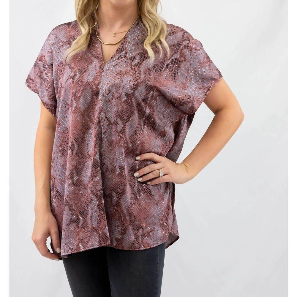 NEW ADRIENNE v-neck snake print top in purple/burgundy